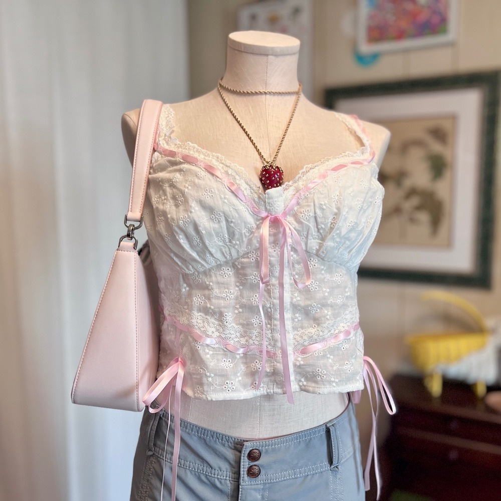 Paris Hilton White Eyelet Lace Camisole Top Pink Ribbon XL